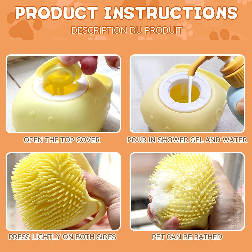 Dog Bath Brush with Shampoo Dispenser | Soft Silicone Grooming Tool