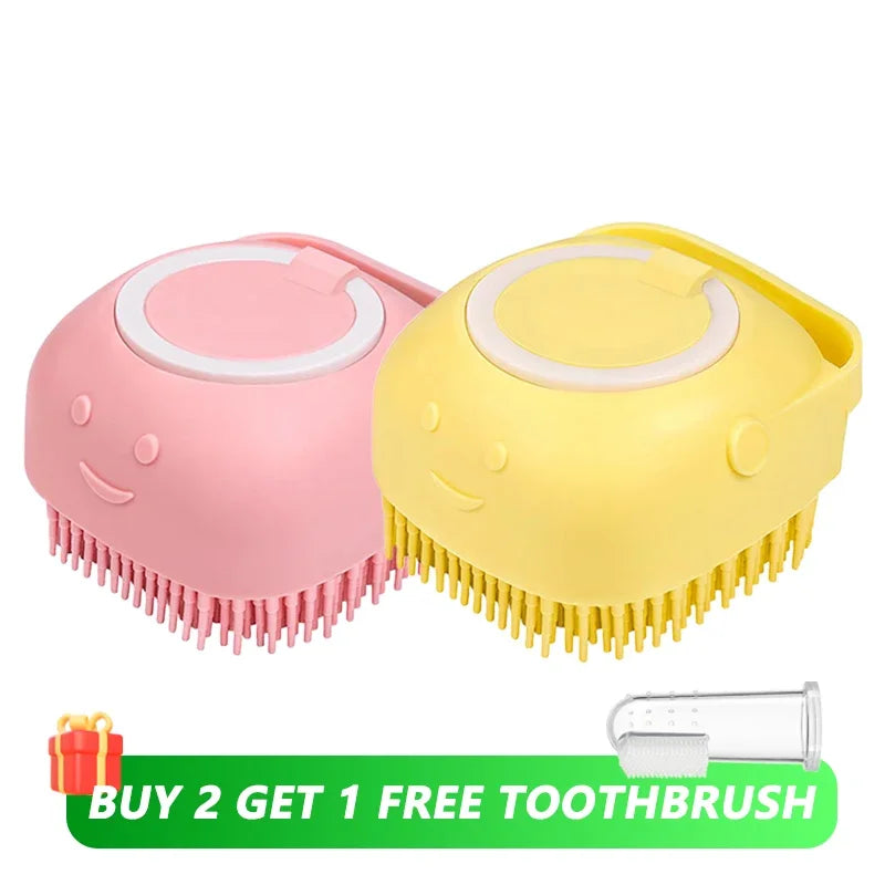 Dog Bath Brush with Shampoo Dispenser | Soft Silicone Grooming Tool