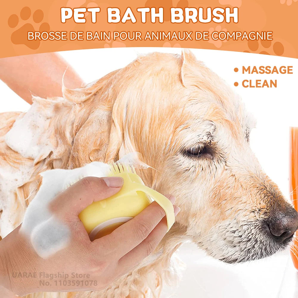Dog Bath Brush with Shampoo Dispenser | Soft Silicone Grooming Tool