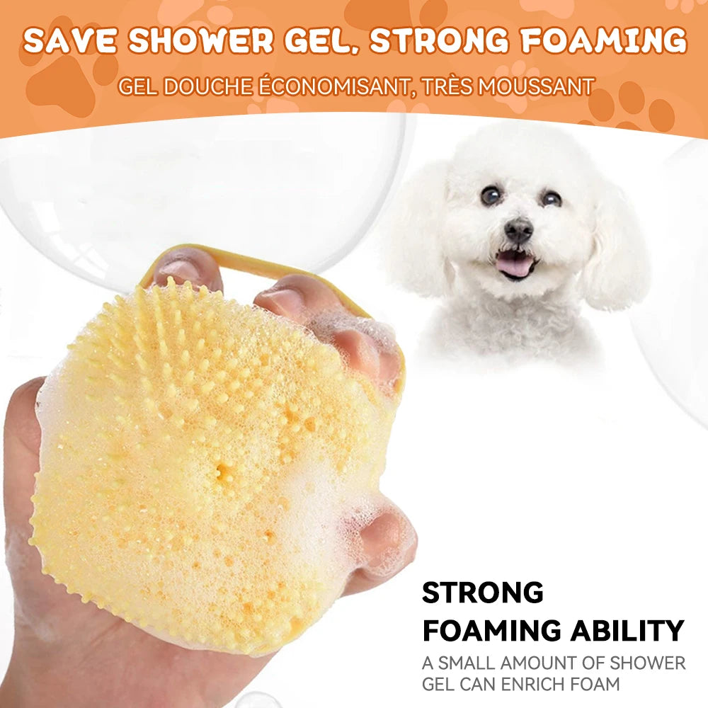 Dog Bath Brush with Shampoo Dispenser | Soft Silicone Grooming Tool