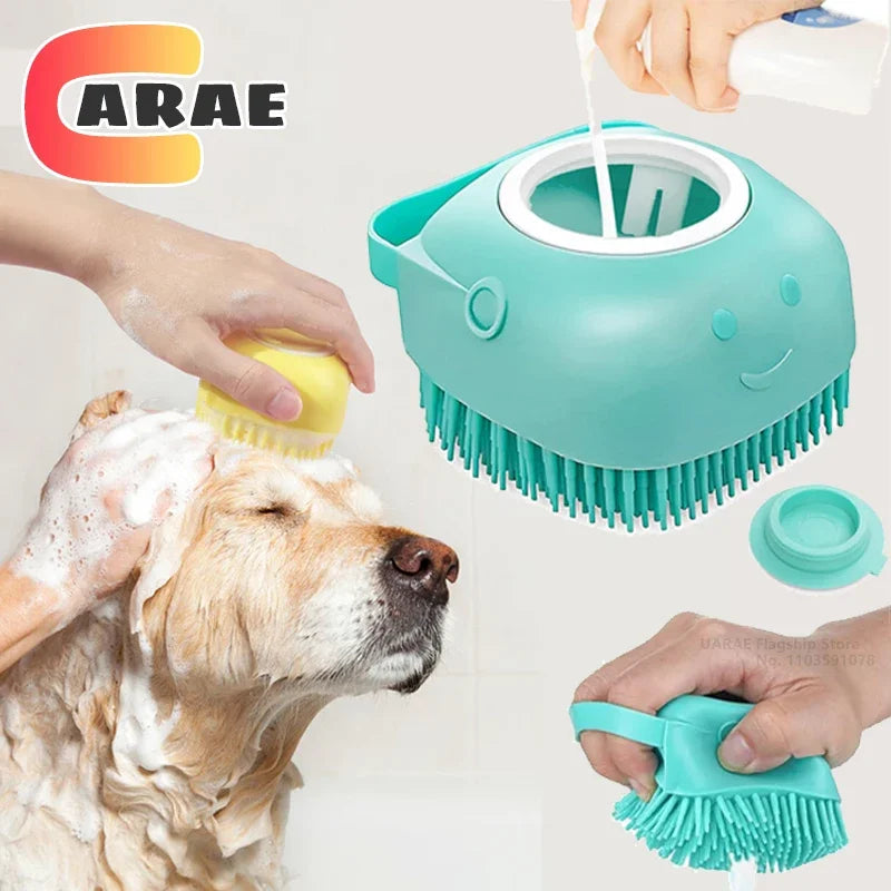 Dog Bath Brush with Shampoo Dispenser | Soft Silicone Grooming Tool